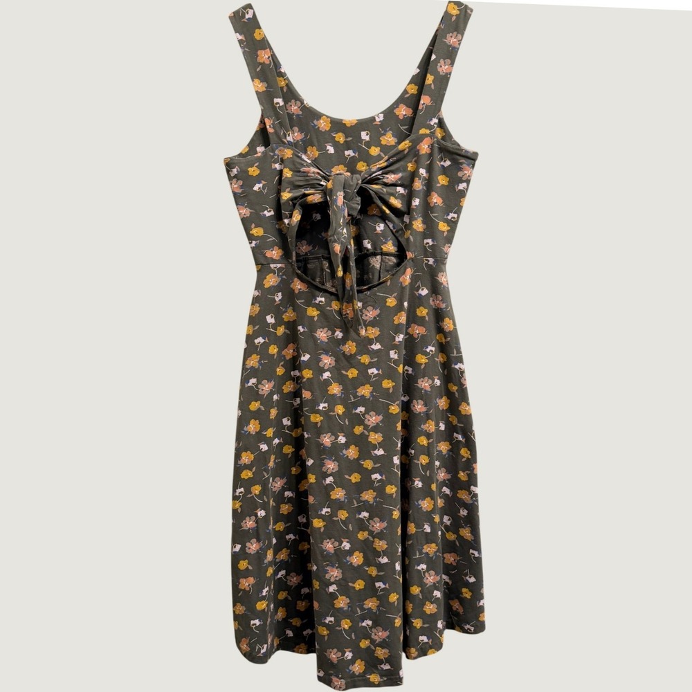 Pact Organic Cotton Fit and Flare Dress Olive Green Floral Tie Back Small - Picture 2 of 11